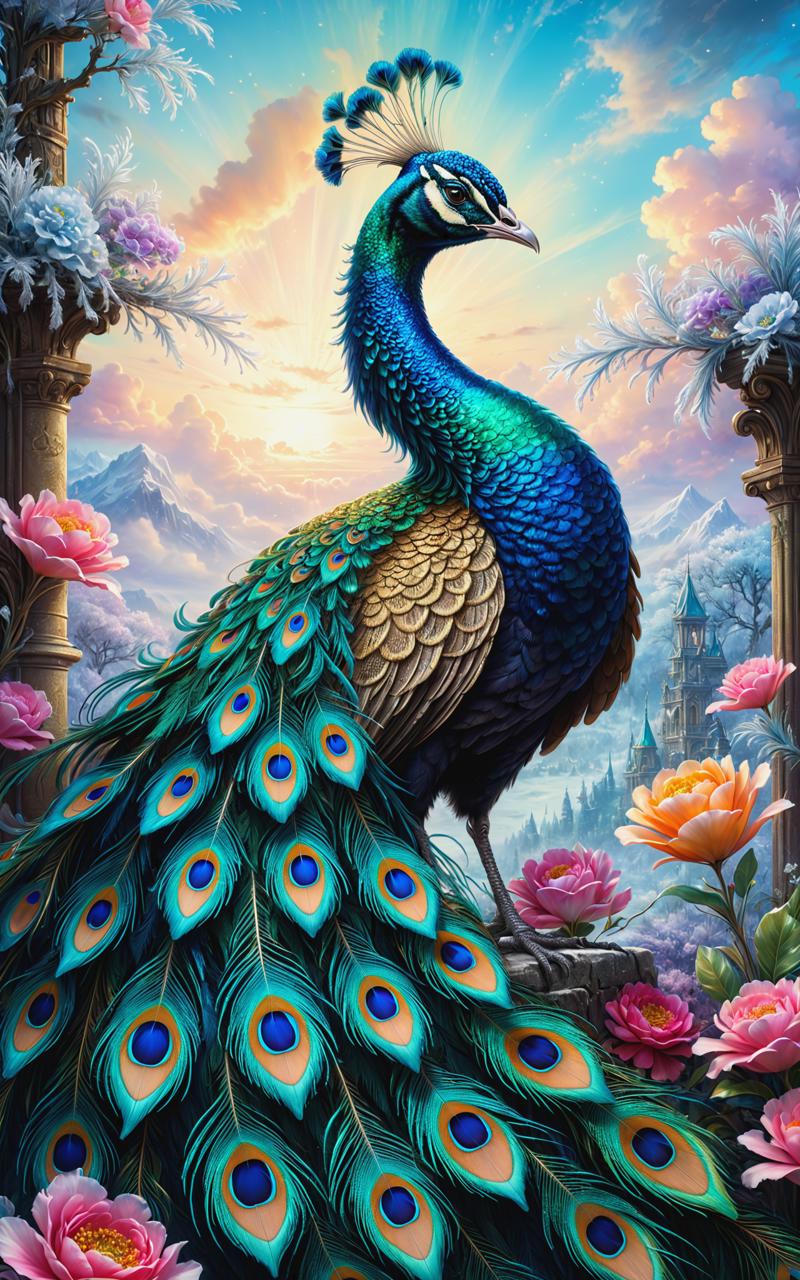 10407-845648222-olpntng style, 3d, hyperdetailed and intricated fantasy peacock, hoarfrost plumage, hyperdetailed surreal background with flower.png